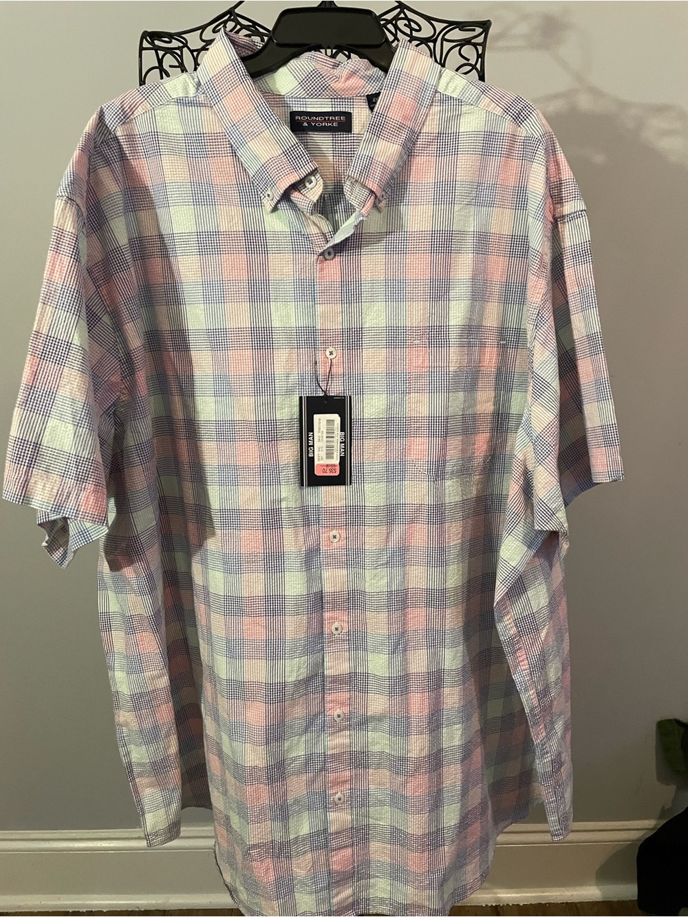 Roundtree & Yorke Short-Sleeve Pastel Plaid Shirt - Pink & Light Blue